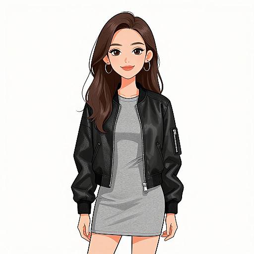 Digital anime-style drawing of a smiling young woman with long brown hair, wearing a black leather jacket over a gray dress, and hoop earrings, standing against