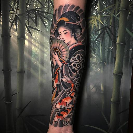 Bold Geisha Tattoo Sleeve with Koi Design
