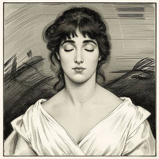 Black and white ink drawing of a serene, young woman with closed eyes, wavy hair, and a draped white garment, set against a textured background