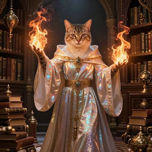 Photorealistic digital art of a cat in a shimmering, ornate white robe, conjuring fire with both hands, in a dimly lit
