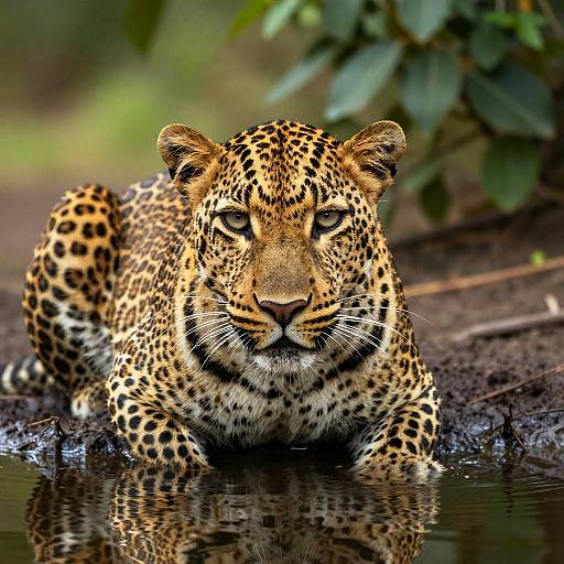 Photograph of a focused leopard with golden-yellow fur and black spots, lying in muddy water with a reflective surface, surrounded by green foliage in a jungle