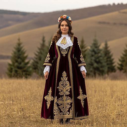 Photograph of a young woman with long brown hair, wearing a black velvet dress with gold embroidery, white lace, and a floral crown, standing in