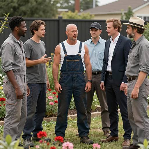Diverse Group of Men in Floral Garden