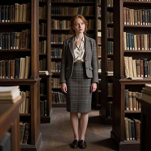 Photograph of a red-haired woman in a black-and-white checkered suit, white blouse, and black shoes, standing in a dimly lit library
