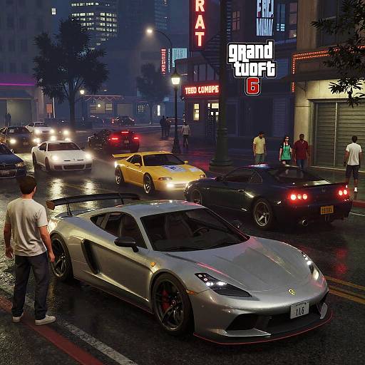 Nighttime city street scene in a hyper-realistic digital style, featuring a silver sports car in the foreground, neon signs, and pedestrians on a wet