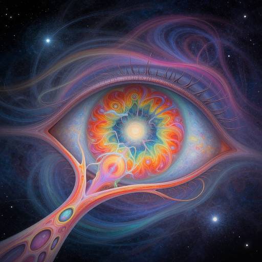 Digital art of a vibrant, cosmic eye with a colorful, swirling iris, surrounded by ethereal, pink and blue tendrils, against a starry
