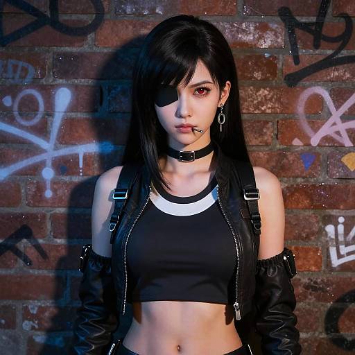 Photograph of an Asian woman with black hair, eyepatch, black choker, black crop top, and jacket, standing against a graffiti-covered