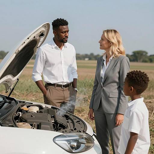Three People Next to Smoking Car