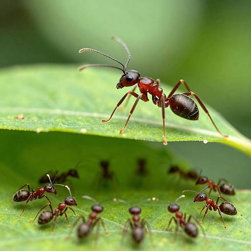 Close-up photograph of a red and black ant on a green leaf, surrounded by smaller black ants, with a blurred green background.