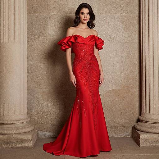 Photograph of a dark-haired woman in a red, off-the-shoulder, textured evening gown, standing between two ornate stone columns.
