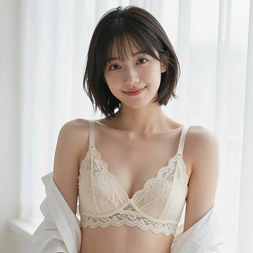 Asian Woman in Ivory Lace Bra and White Shirt