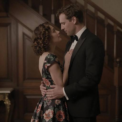 Photograph of a couple in a dimly lit, wooden staircase hallway, wearing formal attire; man in black tuxedo, woman in floral dress