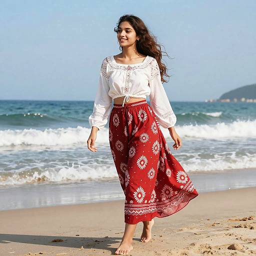 Photograph of a smiling woman with long dark hair, wearing a white lace blouse and red floral skirt, walking barefoot on a sunny beach with waves