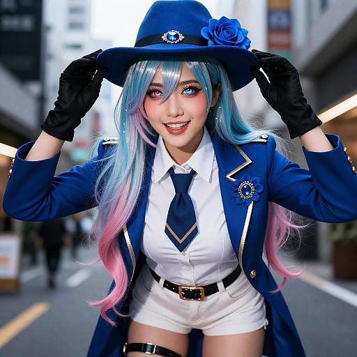 Cosplay Woman in Blue Hat and Jacket with Multicolored Hair