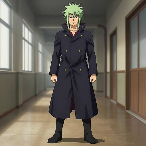 Digital anime-style drawing of a green-haired character in a dark blue, double-breasted coat standing in a sunlit, empty hallway.