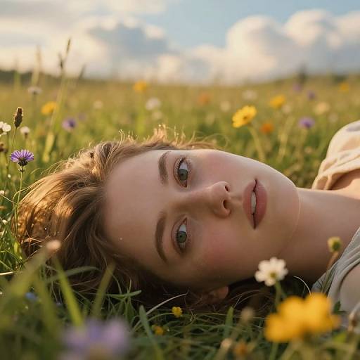 Photograph of a young woman with fair skin and brown hair lying in a sunlit meadow, gazing upward at colorful wildflowers.