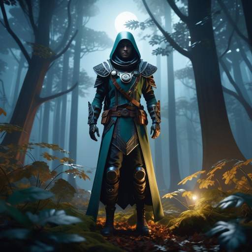 Futuristic Explorer in Misty Moonlit Forest Futuristic Explorer in Misty Moonlit Forest