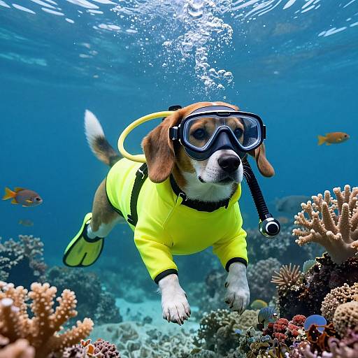 Playful Beagle in Scuba Gear Underwater