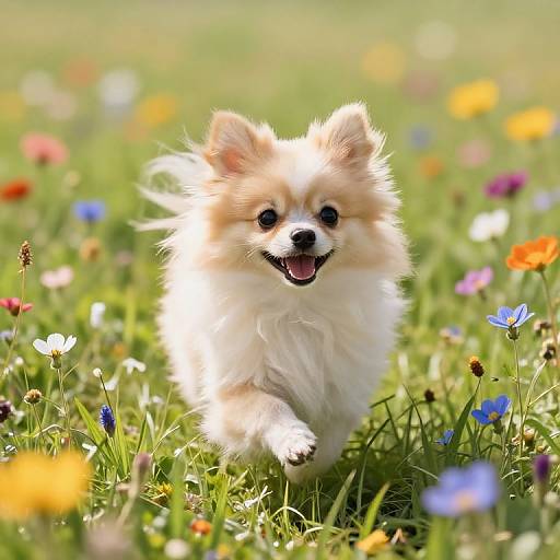 Photograph of a fluffy, cream-colored Pomeranian puppy joyfully running through a colorful meadow filled with blooming flowers.