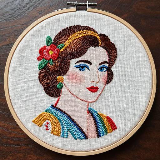 Colorful cross-stitch portrait of Snow White in a wooden hoop, featuring detailed brown hair, blue eyes, red lips, and floral headpiece.