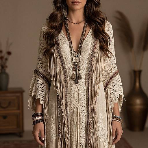 Photograph of a woman with long wavy hair wearing a white lace fringe dress, layered necklaces, and bracelets, standing in a warmly lit,