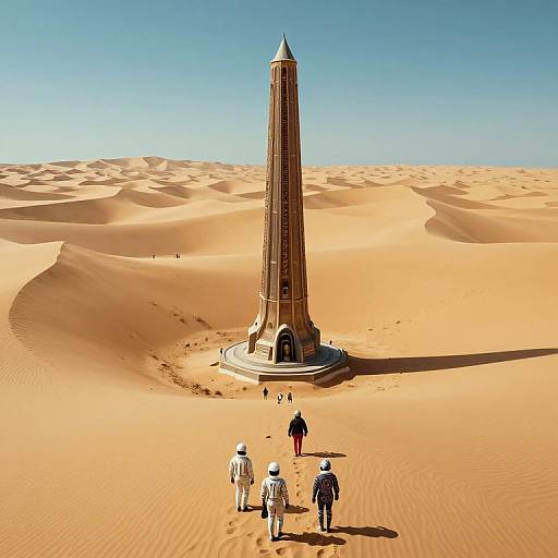 Surreal Desert Tower and Space Explorers