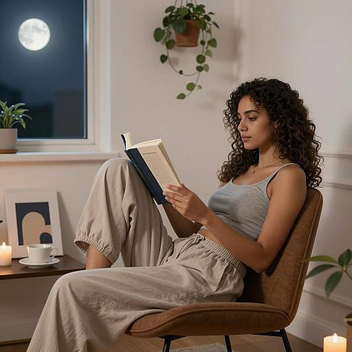 Woman Reading Book at Night in Cozy Room