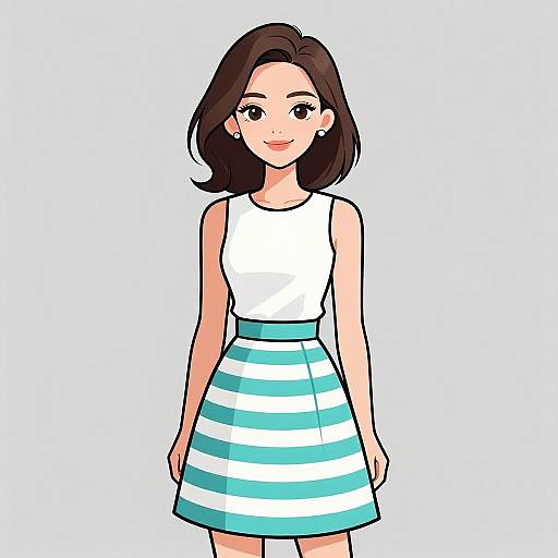 Digital anime-style drawing of a young woman with medium-length brown hair, wearing a white sleeveless top and turquoise-and-white striped skirt.