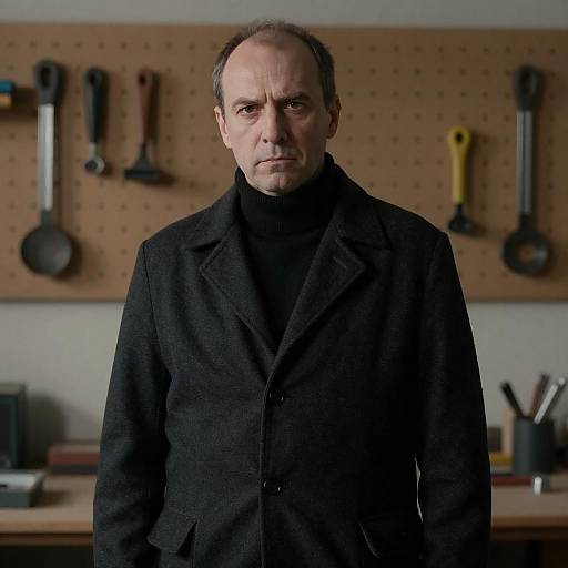 Stern Craftsman Portrait in Dim Workshop