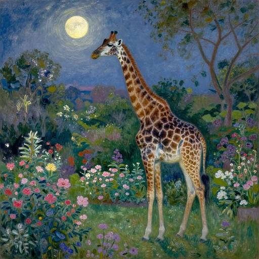Digital painting of a giraffe standing in a vibrant, moonlit garden with colorful flowers, lush greenery, and a full moon.