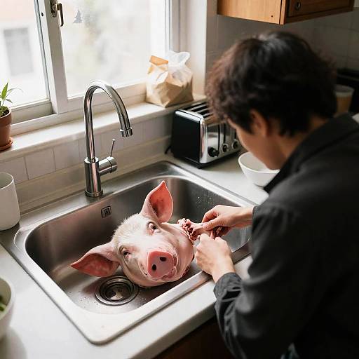 Dramatic Kitchen Scene with Raw Pig Head