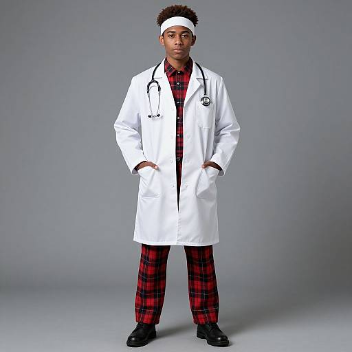Photograph of a young Black man with curly hair, wearing a white doctor's coat, red plaid shirt and pants, black shoes, and a