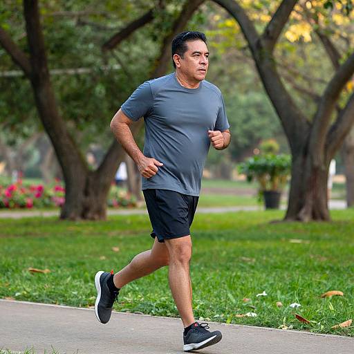Photograph of a middle-aged Asian man jogging in a park, wearing a gray t-shirt, black shorts, and black sneakers, with trees and green