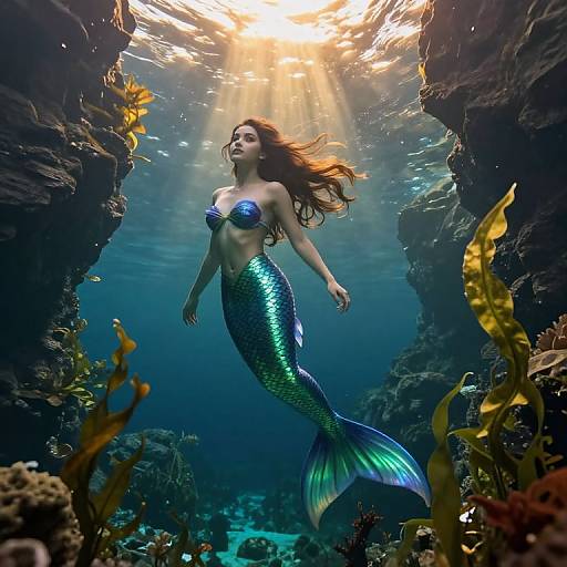 Photorealistic digital artwork of a blue-green mermaid with long red hair, glowing scales, and a shimmering tail, swimming in an underwater cave