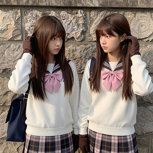 Two Japanese Schoolgirls in Uniforms by Stone Wall