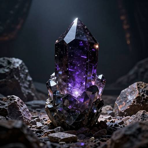 Photograph of a glowing, purple, crystal cluster with facets reflecting light, set amidst dark, rocky terrain under dim, moody lighting.