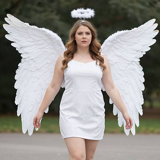Photograph of a young white woman with long brown hair, wearing a white angel costume with large feathered wings and a halo, standing outdoors on a