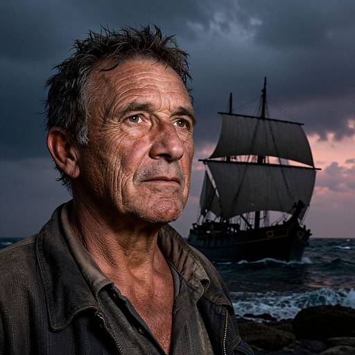 Photograph of a weathered, middle-aged man with short, disheveled hair and a serious expression, standing by a dark, stormy sea