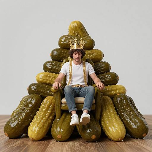 Photograph of a young man with curly brown hair, wearing a white t-shirt, blue jeans, white sneakers, gold crown, and necklace, seated