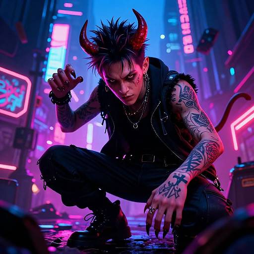 Digital art: Cyberpunk demon with red horns, black leather vest, tattoos, crouching in neon-lit urban alley, intense gaze, neon