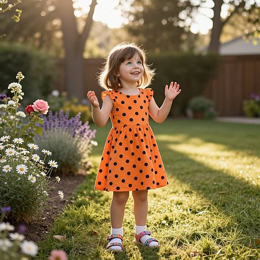 Photograph of a smiling young girl with light brown hair, wearing an orange polka dot dress, standing in a sunlit garden.