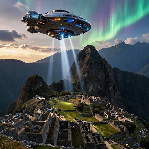 Photograph of a futuristic spaceship hovering above Machu Picchu, illuminating the ancient Inca city with beams of light, set against a backdrop of
