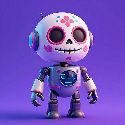 Digital 3D cartoon of a cute, white robotic skeleton with pink flower-like markings, blue and red earpieces, and a glowing blue chest panel