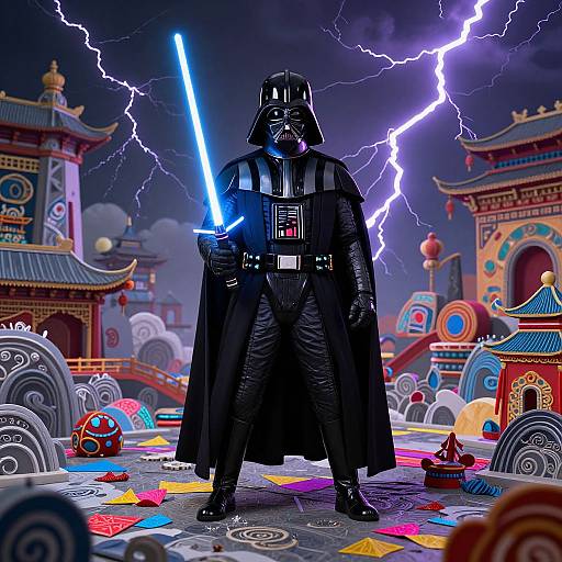 Digital art of Darth Vader with glowing blue lightsaber, standing in vibrant, stormy East Asian-inspired landscape with colorful buildings.