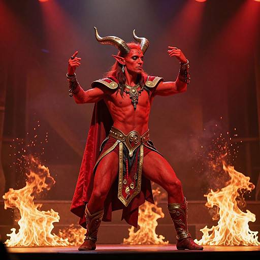 Photograph of a muscular, red-skinned demon with horns, wearing gold armor and a red cape, standing amidst flames, striking a powerful pose with