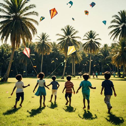 Children Flying Kites in Sunlit Field with Palm Trees