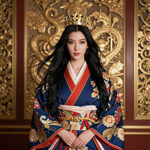Photograph of an Asian woman with long black hair, wearing a gold crown, dark blue floral kimono, and gold-embellished red ob