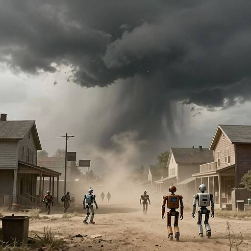 Digital art of a post-apocalyptic Western town under a dark, stormy sky. Robots and human figures walk down a dusty street with wooden buildings,