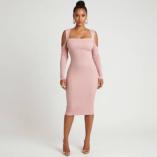 Photograph of a curvy Black woman with a high bun, wearing a pink, ribbed, off-shoulder, long-sleeve,