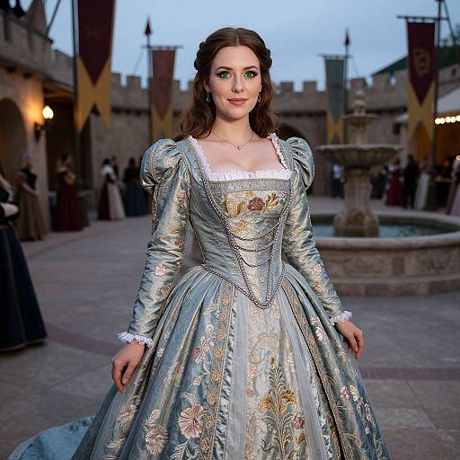 Photograph of a fair-skinned woman with green eyeshadow, wearing an elaborate, silver, floral-embroidered Renaissance gown, standing in